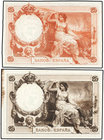 Spanish Banknotes. Lote 2 pruebas de Reverso 25 Pesetas. (1 Diciembre 1908). En colores naranja y negro. (Leves arruguitas). Ed-NE 14Pb. EBC+.