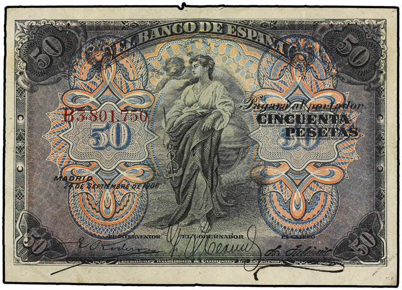 Spanish Banknotes. 50 Pesetas. 24 Septiembre 1906. Serie B. (Levísimas roturas e...