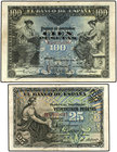 Spanish Banknotes. Lote 2 billetes 25 y 100 Pesetas. 30 Junio y 24 Septiembre 1906. Serie A y B. Ed-313a, 314a. MBC- y MBC.