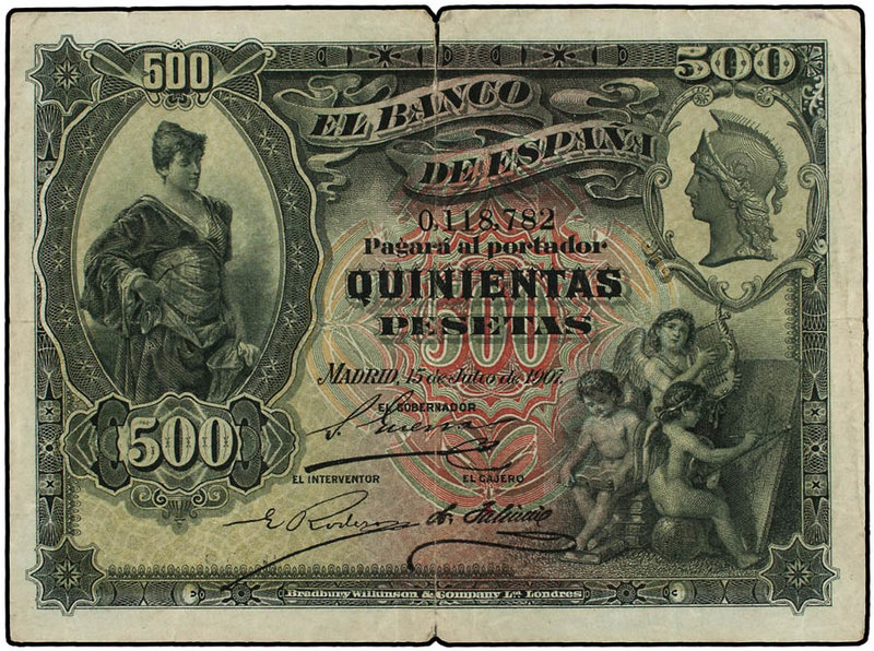 Spanish Banknotes. 500 Pesetas. 15 Julio 1907. Alcázar de Segovia. (Roturas). Ed...