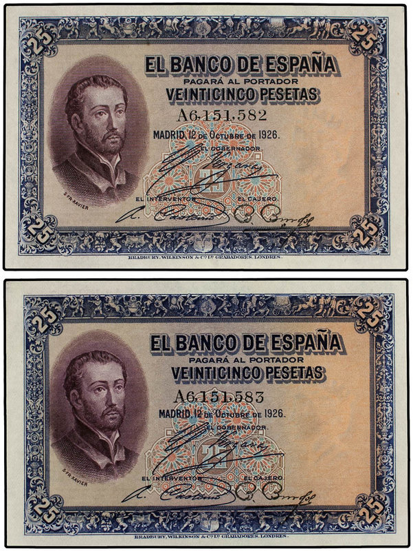 Spanish Banknotes. Lote 2 billetes 25 Pesetas. 12 Octubre 1926. San Francisco Xa...