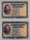 Spanish Banknotes. Lote 2 billetes 25 Pesetas. 12 Octubre 1926. San Francisco Xavier. Serie A. Pareja correlativa. (Pliegue vertical planchado). Ed-32...