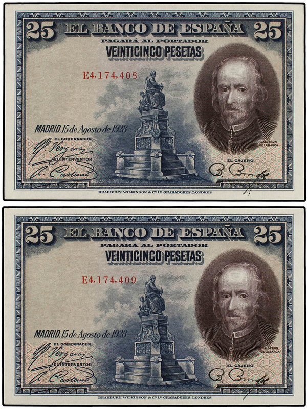 Spanish Banknotes. 25 Pesetas. 15 Agosto 1928. Calderón de la Barca. Serie E. Pa...