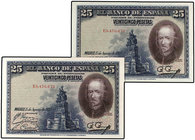 Spanish Banknotes. Lote 10 billetes 25 Pesetas. 15 Agosto 1928. Calderón de la Barca. Serie E. Todos correlativos. Ed-353. SC.