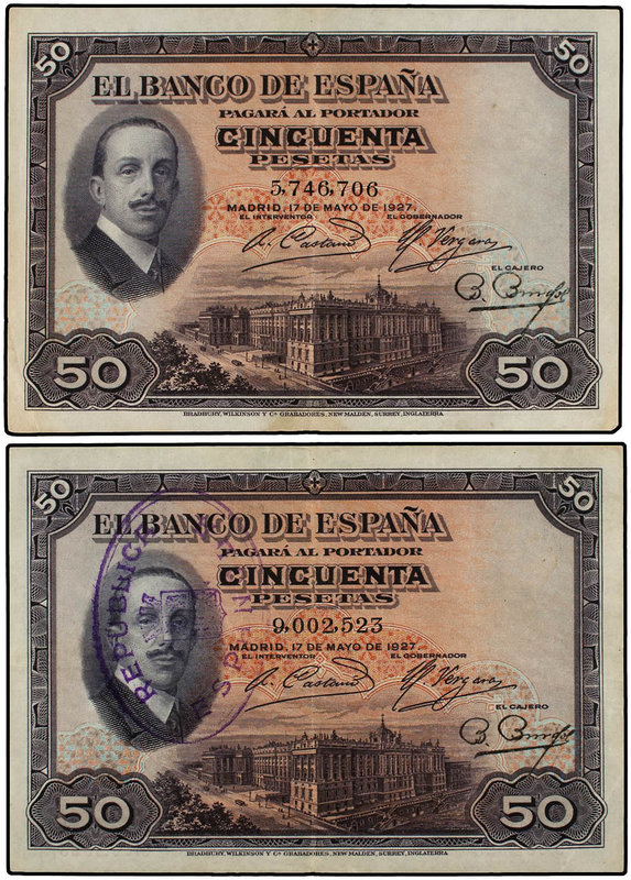 Spanish Banknotes. Lote 2 billetes 50 Pesetas. 17 Mayo 1927. Alfonso XIII. Uno c...