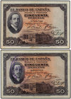 Spanish Banknotes. Lote 2 billetes 50 Pesetas. 17 Mayo 1927. Alfonso XIII. Uno con sello tampón REPÚBLICA ESPAÑOLA. Ed-326, 332. MBC.