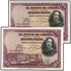 Spanish Banknotes. Lote 20 billetes 50 Pesetas. 25 Abril 1928. Velázquez. Serie E. Todos correlativos. Ed-354. SC.