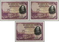 Spanish Banknotes. Lote 3 billetes 50 Pesetas. 15 Agosto 1928. Velázquez. Serie E. Trío correlativo. Ed-354. SC.