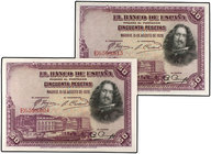 Spanish Banknotes. Lote 10 billetes 50 Pesetas. 15 Agosto 1928. Velázquez. Serie E. Todos correlativos. Ed-354. SC.