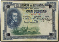 Spanish Banknotes. 100 Pesetas. 1 Julio 1925. Felipe II. Serie C. Sello en seco ESTADO ESPAÑOL-BURGOS. (Manchitas y dobleces). Ed-410. MBC-.