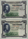 Spanish Banknotes. Lote 2 billetes 100 Pesetas. 1 Julio 1925. Felipe II. Serie D. Pareja correlativa. Ed-350. SC.