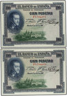 Spanish Banknotes. Lote 2 billetes 100 Pesetas. 1 Julio 1925. Felipe II. Serie F. Pareja correlativa. Ed-350. SC-.