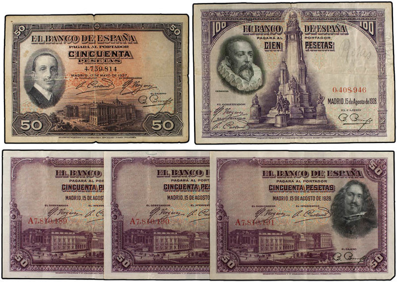 Spanish Banknotes. Lote 5 billetes 50 (4) y 100 Pesetas. 17 Mayo 1927 y 15 Agost...