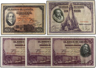 Spanish Banknotes. Lote 5 billetes 50 (4) y 100 Pesetas. 17 Mayo 1927 y 15 Agosto 1928. 50 Pesetas 1927 Alfonso XIII, 50 Pesetas 1928 Velázquez Serie ...
