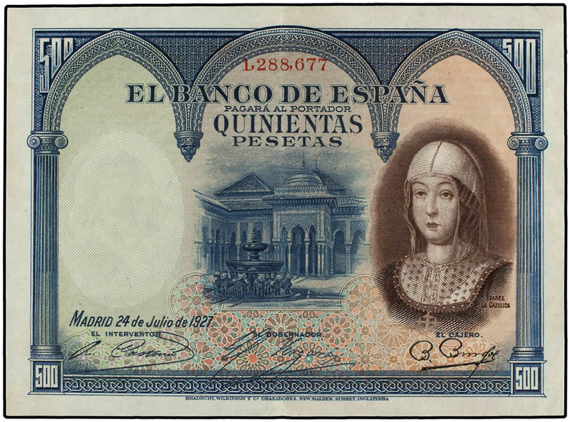 Spanish Banknotes. 500 Pesetas. 24 Julio 1927. Isabel ´La Católica´. Ed-327. MBC...