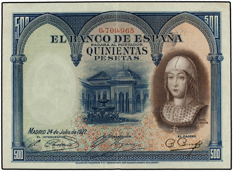 Spanish Banknotes. 500 Pesetas. 24 Julio 1927. Isabel ´La Católica´. Sello en se...