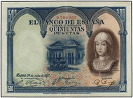 Spanish Banknotes. 500 Pesetas. 24 Julio 1927. Isabel ´La Católica´. Sello en seco GOBIERNO PROVISONAL DE LA REPUBLICA en margen superior derecho. Ed-...