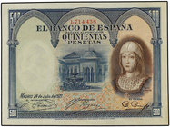 Spanish Banknotes. 500 Pesetas. 24 Julio 1927. Isabel ´La Católica´. Ed-352. MBC+.