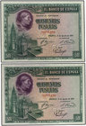 Spanish Banknotes. Lote 2 billetes 500 Pesetas. 15 Agosto 1928. Cardenal Cisneros. Pareja correlativa. (Pequeñas arruguitas). Ed-356. (SC).