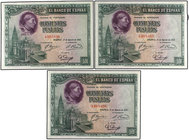 Spanish Banknotes. Lote 3 billetes 500 Pesetas. 15 Agosto 1928. Cardenal Cisneros. Trío correlativo. (Ondulaciones de origen). Ed-356. SC.