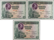 Spanish Banknotes. Lote 3 billetes 500 Pesetas. 15 Agosto 1928. Cardenal Cisneros. Trío correlativo. (Ondulaciones de origen). Ed-356. SC.