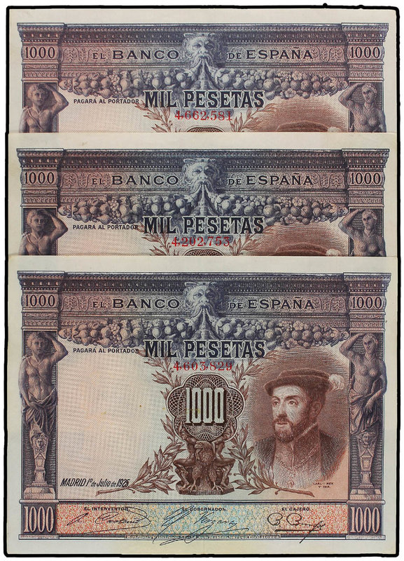 Spanish Banknotes. Lote 3 billetes 1.000 Pesetas. 1 Julio 1925. Carlos I. Ed-351...