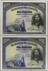 Spanish Banknotes. Lote 2 billetes 1.000 Pesetas. 15 Agosto 1928. San Fernando. Pareja correlativa. (Traza de pliegue en una esquina). Ed-357. SC-.