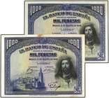 Spanish Banknotes. Lote 5 billetes 1.000 Pesetas. 15 Agosto 1928. San Fernando. Todos correlativos. (Manchas de humedad y leves pliegues en una esquin...