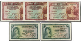 Spanish Banknotes. Lote 5 billetes 5 (2) y 10 Pesetas (3). Emisión 1935. 5 Pesetas. Serie D, pareja correlativa. Ed-363a, 364. SC-.