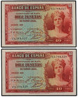 Spanish Banknotes. Lote 2 billetes 10 Pesetas. 1935. Serie G. Pareja correlativa. Ed-364a. SC.