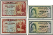 Spanish Banknotes. Lote 4 billetes 5 (2) y 10 Pesetas (2). 1935. 5 Pesetas Sin Serie y Serie L y 10 Pesetas Sin Serie y Serie C. Ed-363, 363b, 364, 36...