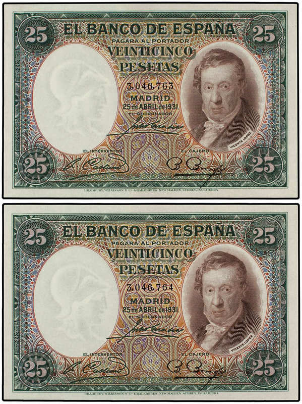 Spanish Banknotes. Lote 2 billetes 25 Pesetas. 25 Abril 1931. Vicente López. Par...