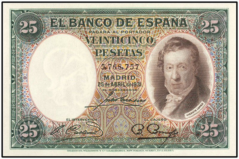 Spanish Banknotes. 25 Pesetas. 25 Abril 1931. Vicente López. Precintado y garant...