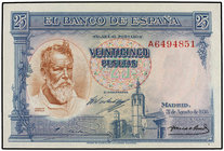Spanish Banknotes. 25 Pesetas. 31 Agosto 1936. Sorolla. Serie A. (Punto de aguja en la parte inferior). Ed-367a. (SC).