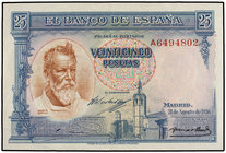 Spanish Banknotes. 25 Pesetas. 31 Agosto 1936. Sorolla. Serie A. (Leve pliegue en una ángulo). Ed-367a. (EBC+).