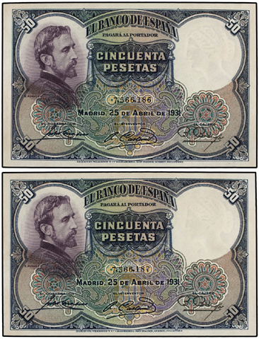 Spanish Banknotes. Lote 2 billetes 50 Pesetas. 25 Abril 1931. Rosales. Pareja co...