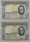 Spanish Banknotes. Lote 6 billetes 50 Pesetas. 22 Julio 1935. Ramón y Cajal. Violeta (2 en pareja correlativa), 2 rojos y 2 azules alterados químicame...