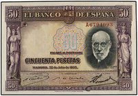 Spanish Banknotes. 50 Pesetas. 22 Julio 1935. Ramón y Cajal. Serie A. (Margen superior papel levemente tonalizado). Ed-366a. SC.