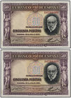 Spanish Banknotes. Lote 2 billetes 50 Pesetas. 22 Julio 1935. Ramón y Cajal. Serie A. Pareja correlativa. (Manchitas en el margen izquierdo). Ed-366a....