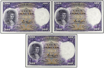 Spanish Banknotes. Lote 3 billetes 100 Pesetas. 25 Abril 1931. Fernández de Córdoba. Trío correlativo. (Ondulaciones de origen). Ed-360. SC.