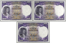 Spanish Banknotes. Lote 3 billetes 100 Pesetas. 25 Abril 1931. Fernández de Córdoba. Trío correlativo. (Ondulaciones de origen). Ed-360. SC.