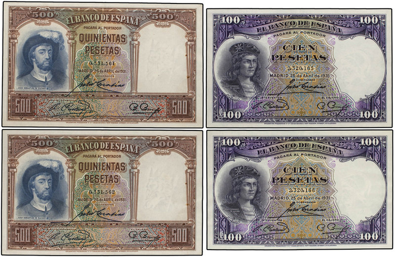 Spanish Banknotes. Lote 4 billetes 100 (2) y 500 (2) Pesetas. 25 Abril 1931. Fer...