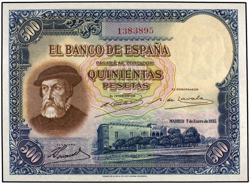 Spanish Banknotes. 500 Pesetas. 7 Enero 1935. Hernán Cortés. Ed-365. SC.