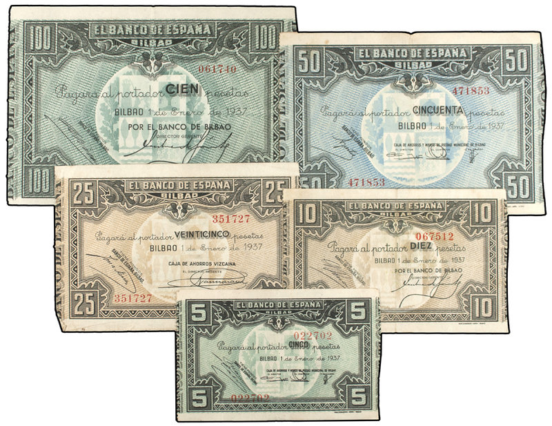 Civil War. Lote 5 billetes 5,10,25,50 Y 100 Pesetas. 1 Enero 1937. EL BANCO DE E...