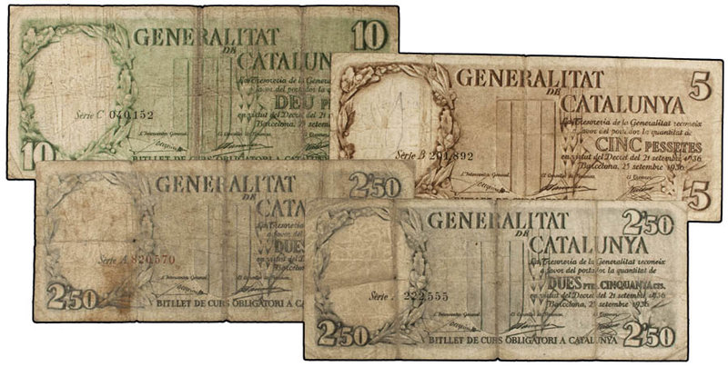 Civil War. Lote 4 billetes 2,50 (2), 5 y 10 Pessetes. 25 Setembre 1936. GENERALI...