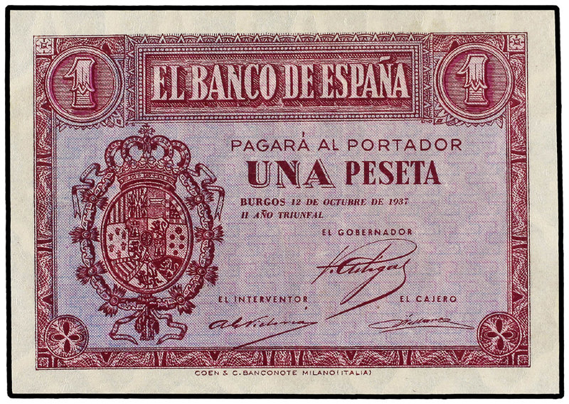 Estado Español. 1 Peseta. 12 Octubre 1937. (Arruguita). Ed-425a. SC-.