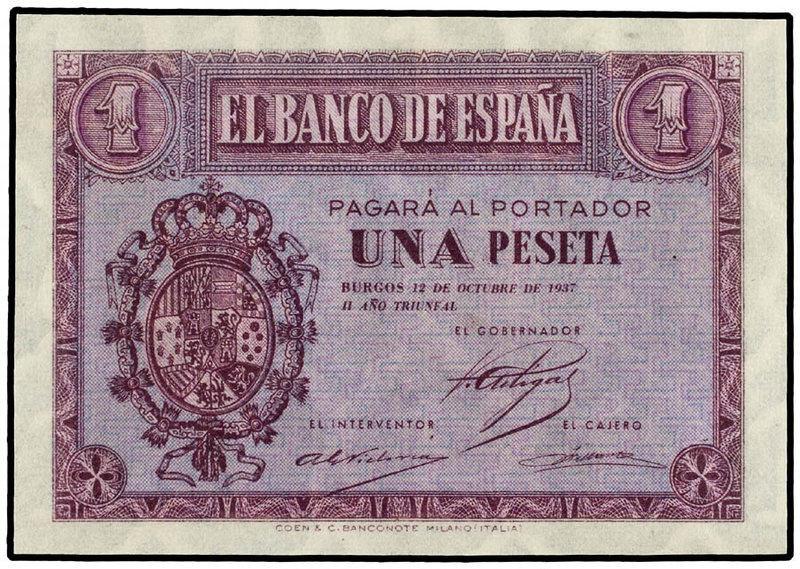 Estado Español. 1 Peseta. 12 Octubre 1937. Serie F. Ed-425a. SC-.