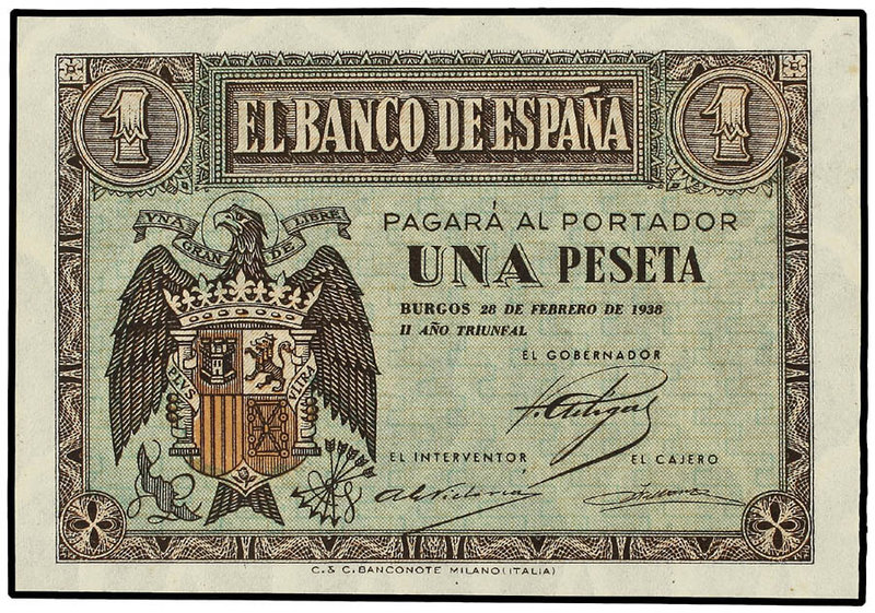 Estado Español. 1 Peseta. 28 Febrero 1938. Serie A. (Levísimas manchitas). Ed-42...