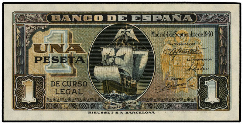 Estado Español. 1 Peseta. 4 Septiembre 1940. Carabela . Serie A. (Arruguita). Ed...