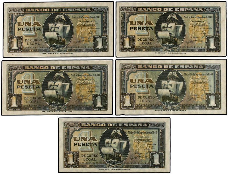 Estado Español. Lote 5 billetes 1 Peseta. 4 Septiembre 1940. Carabela. Series C ...
